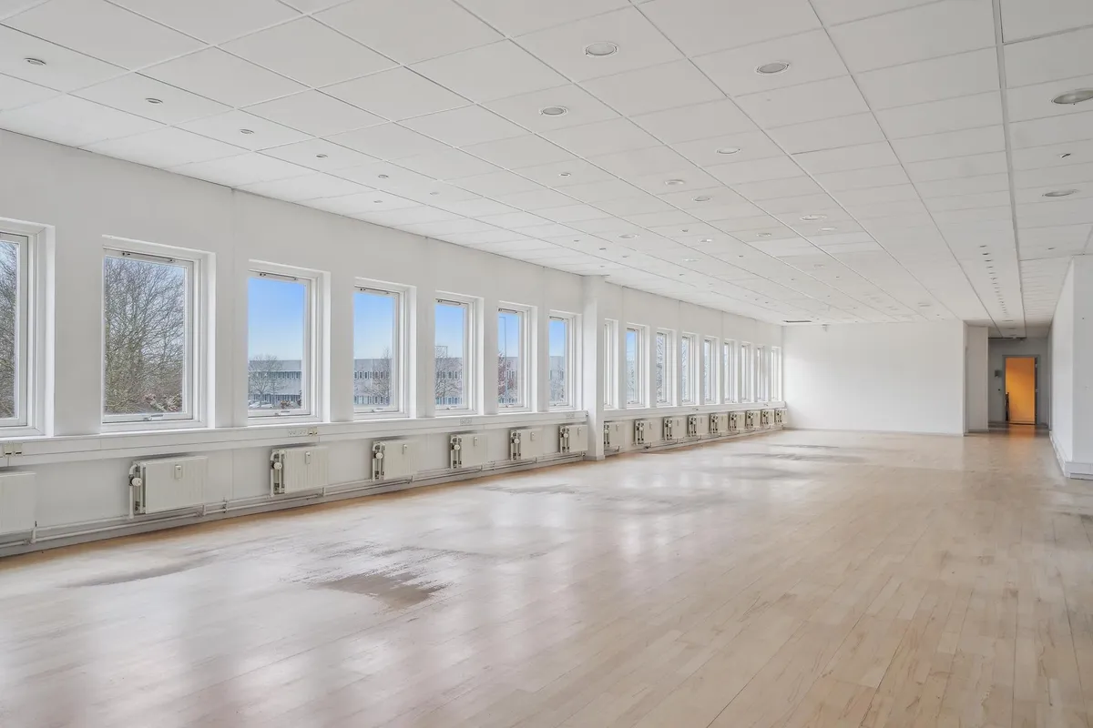 Lyst og velholdt kontor med trægulv og hvide vægge, 12 store vinduer og 10 radiatorer langs væggen, dør til siderum