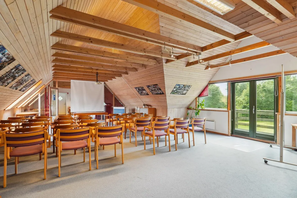 Kontor med træloft og møbler, projektor, vindue med udsigt til park og grønne træer