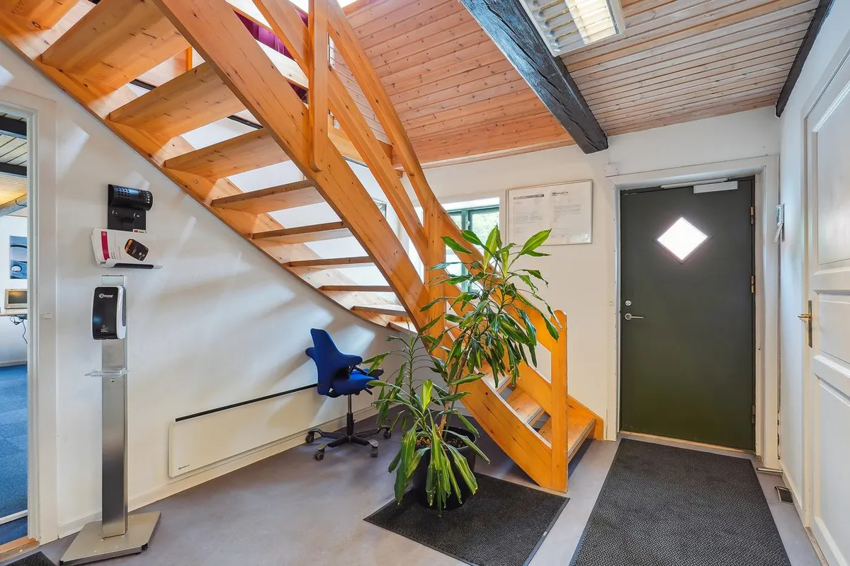 Indgangsparti med trappe og plante samt en hånddesinfektionsflaske på væggen og en blå stol i nærheden