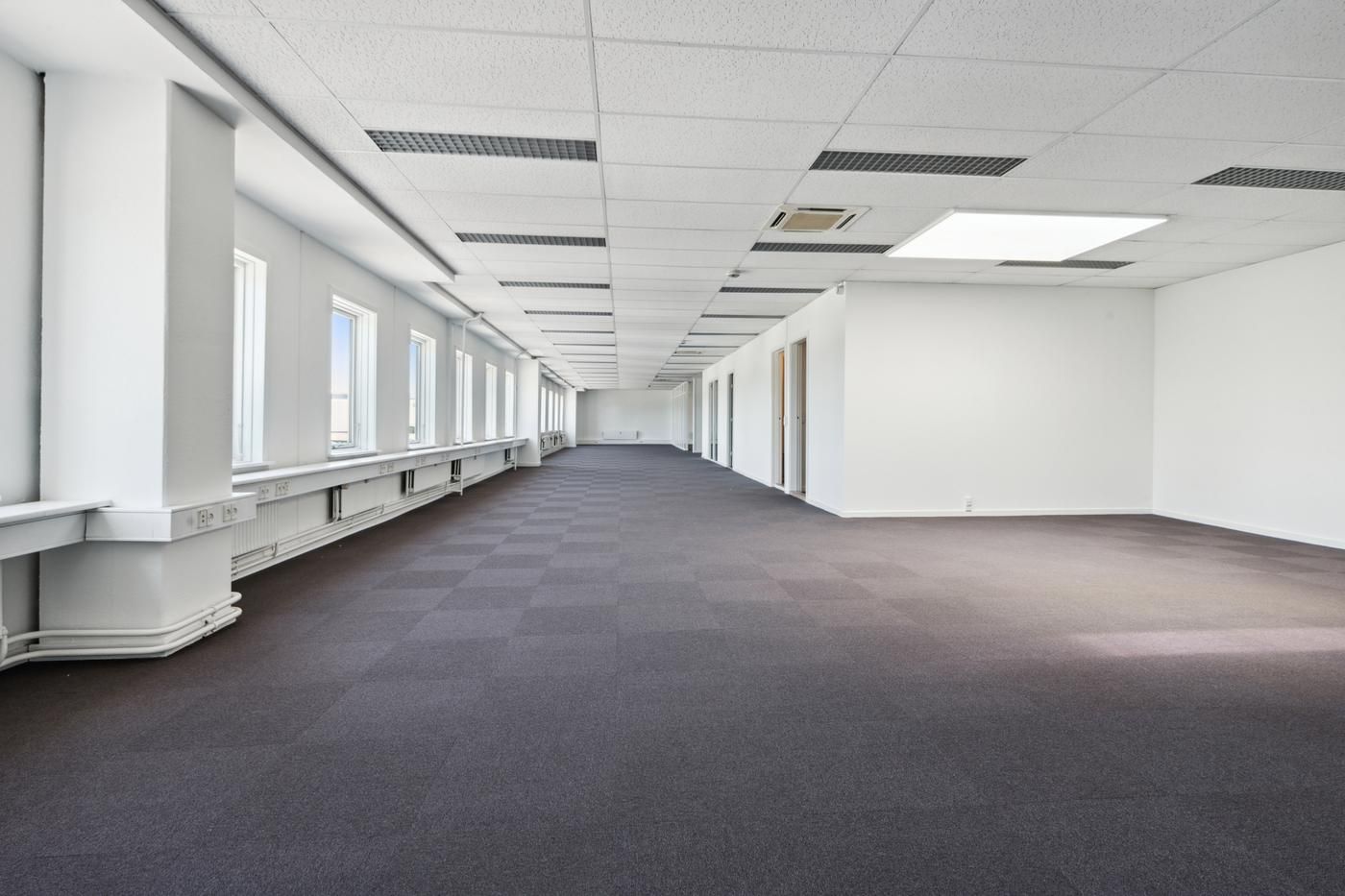 Langt, tomt kontor med hvide vægge og loft, lysearme på loftet og gulv med mønstret gulvtæppe.