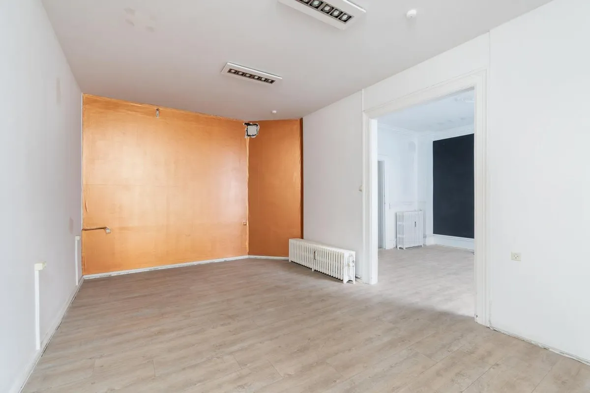 Store rum med højt til loftet og trægulv samt hvide vægge og et køkken med radiatorer