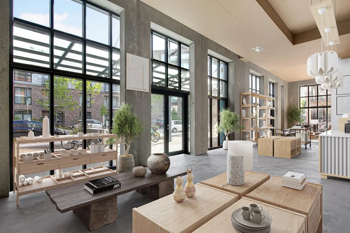 Køkkenborde og blomster, lysekroner og håndværksgenstande, møbler og vinkler i en industriel indretning med store vinduer