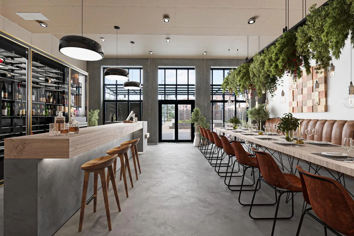 En moderne restaurant med et stort vinduesfront, en længdevis og flere stole og træborde