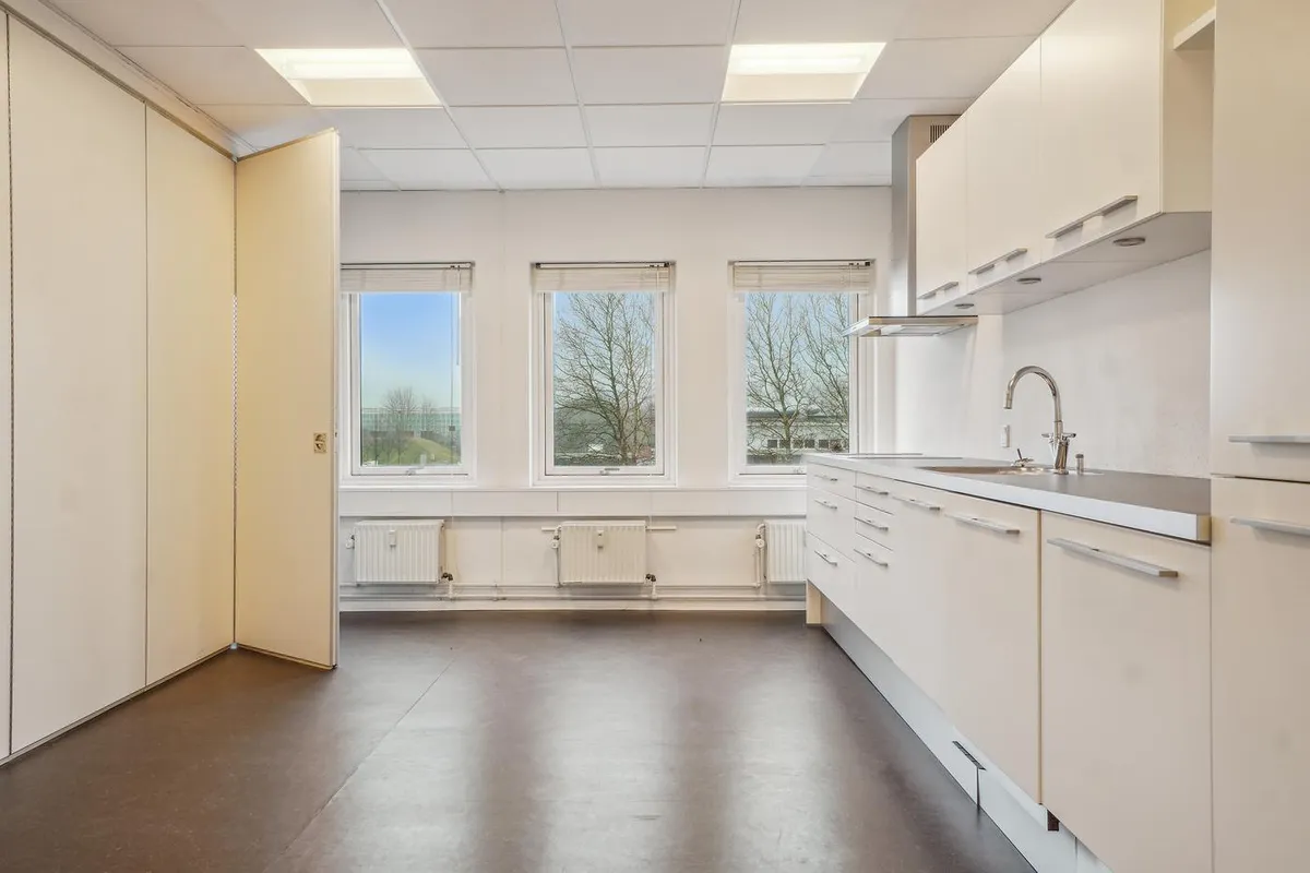 Moderne køkken med lyse hængeskabe, en brændenælde, to vinduer og lyse loftslamper