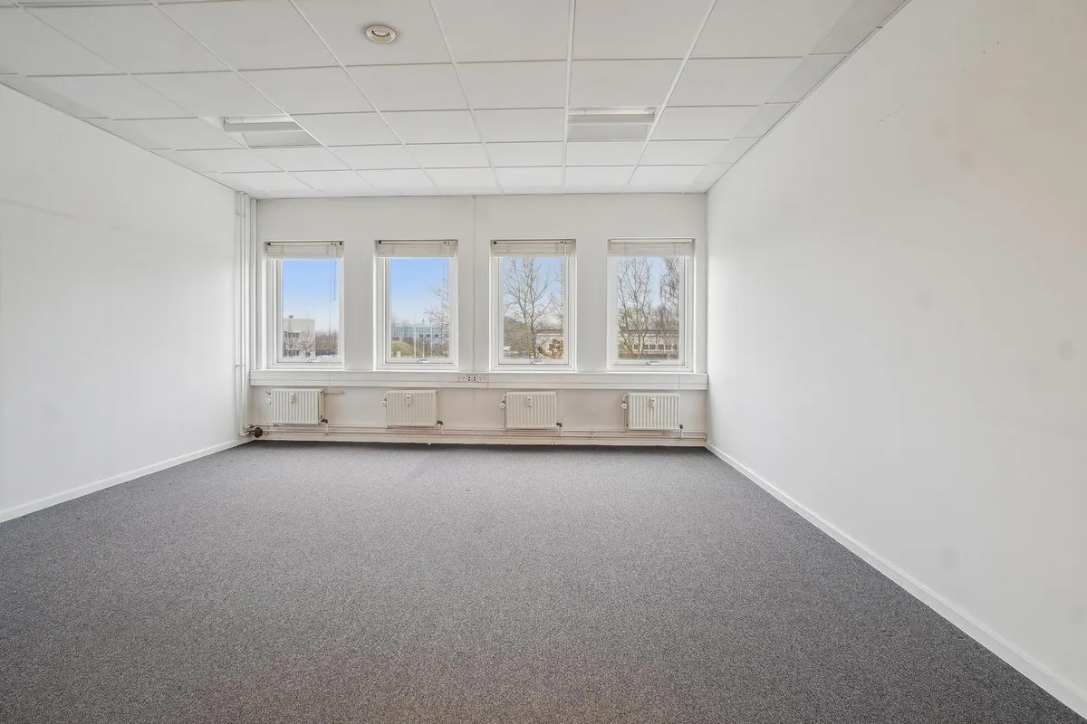 En tom kontorværelse med hvide vægge og gulv, fire vinduer, radiatorer og lysekroner på loftet