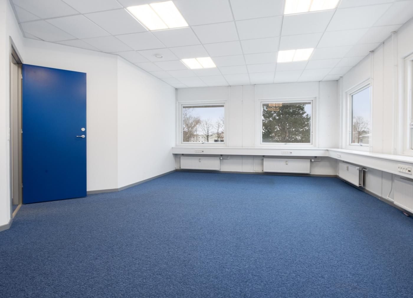 Et kontorlokal med lyseblå gulvbelægning og hvide vægge, samt tre vinduer med udsigt til træer udenfor