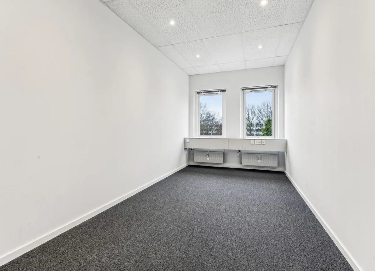 Et tomt kontorrum med hvide vægge, lyseblå gulvbelægning og to vinduer med udsigt til grønne træer