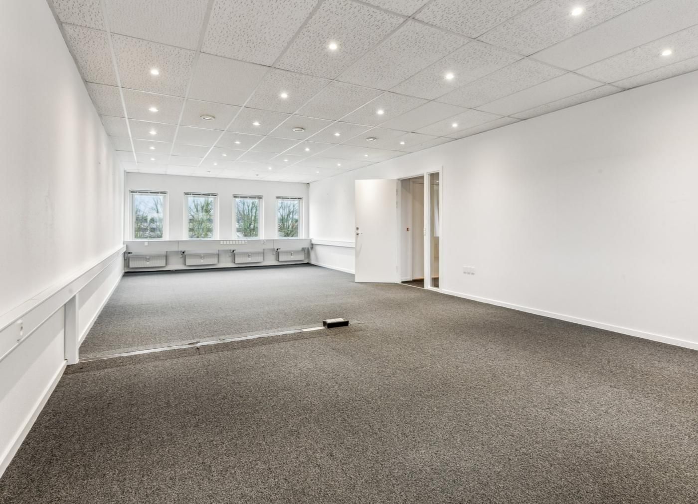 En stor, tom kontor med hvide vægge, højt til loftet, og vinduer med udsigt til haven