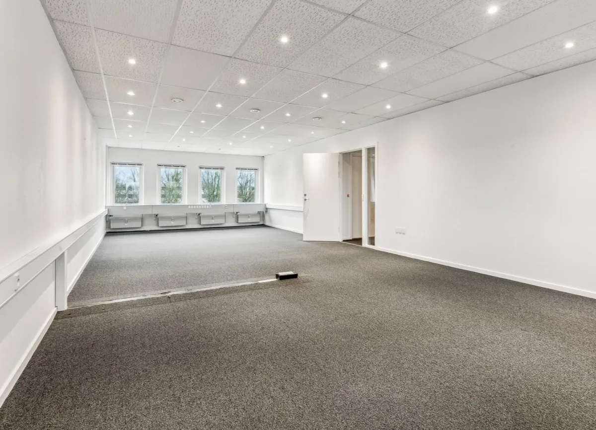 En stor, tom kontor med hvide vægge, højt til loftet, og vinduer med udsigt til haven