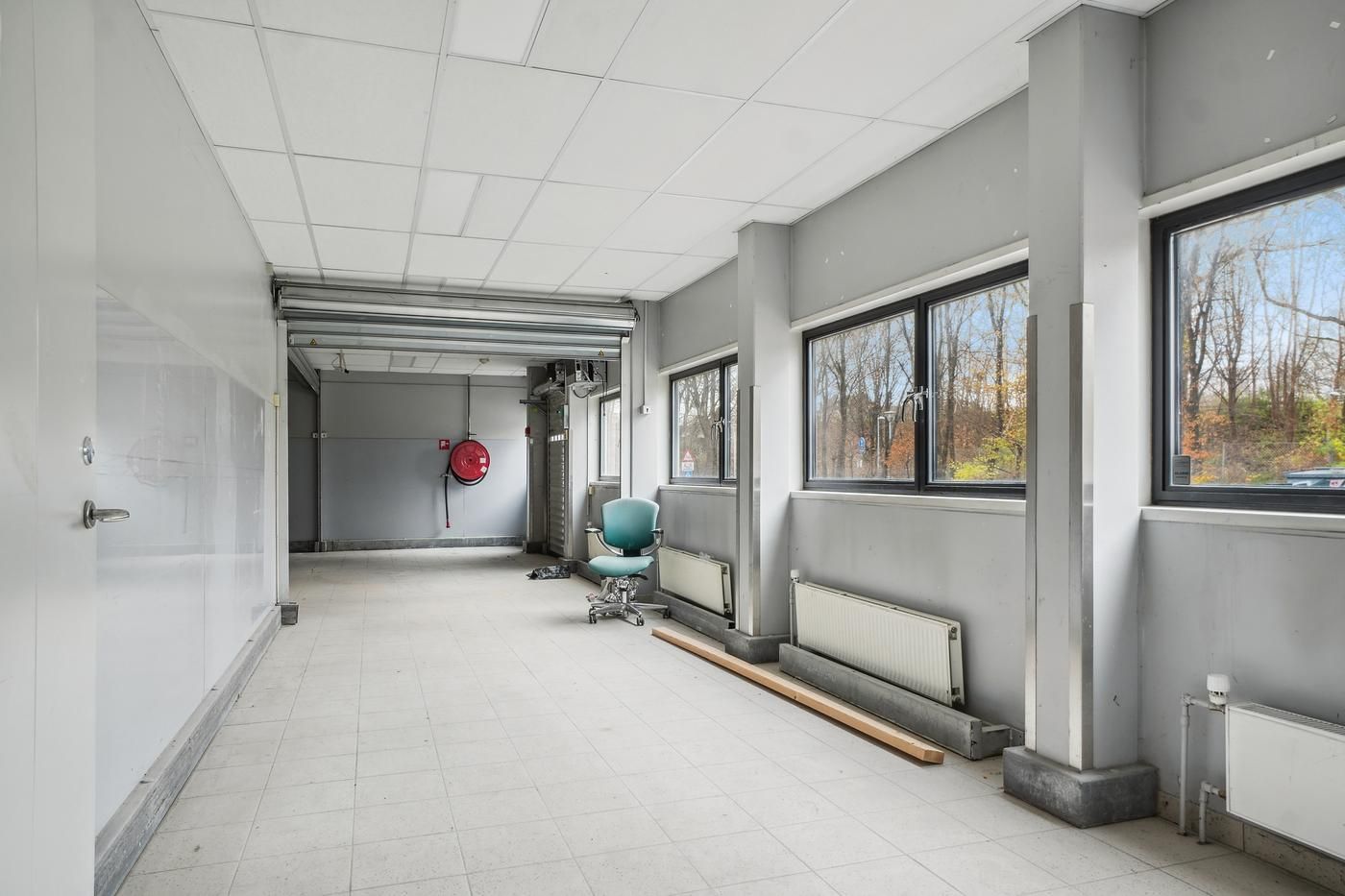 Ledig erhvervslokal i Gyngemosen med højt loft og store ruder udsat mod skov med røde blade og lyse himmel