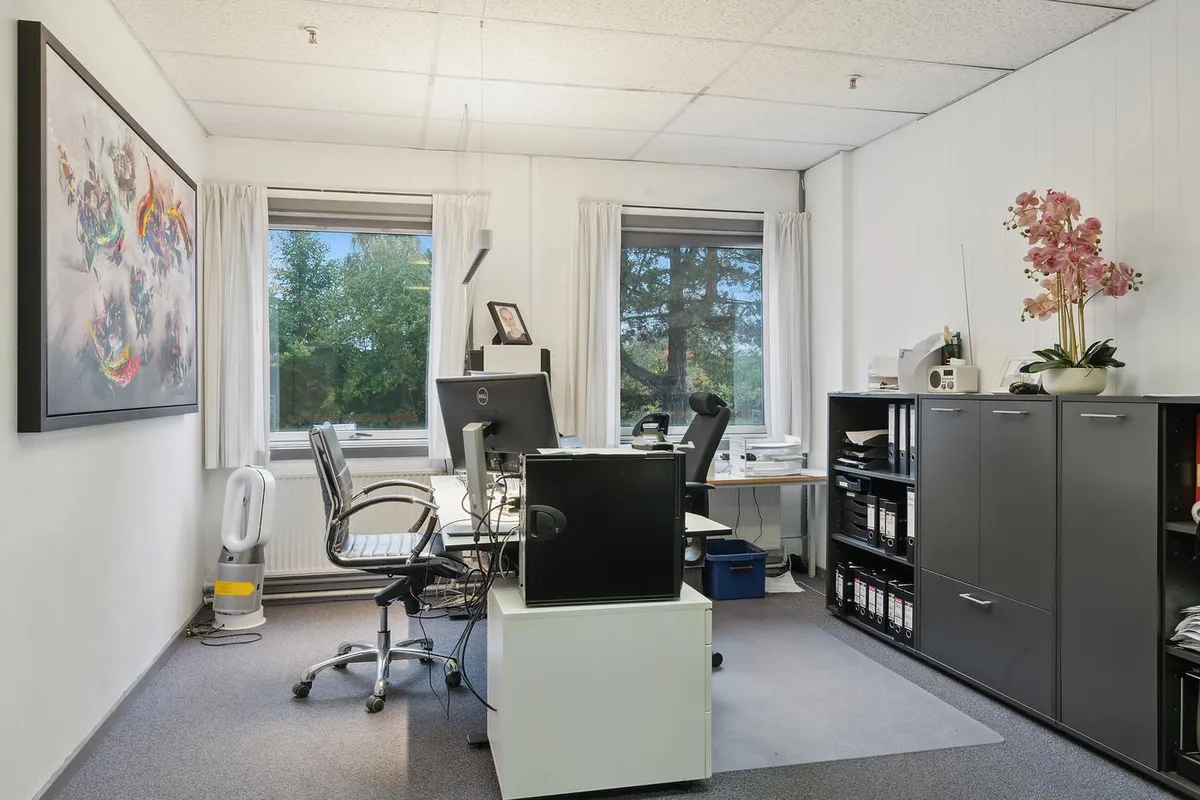 Kontor med computer, skrivebord, computer, stol, kabinet, blomster og maleri i et rum med vinduer og en hvid væg