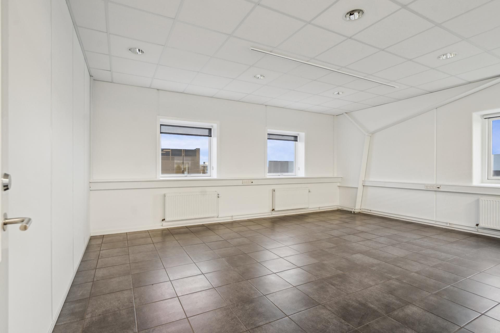 Lejlighed med moderne design, to vinduer, hvide vægge, gulvtæppe og radiatorer, samt en dør med håndtag og to lyspærer på