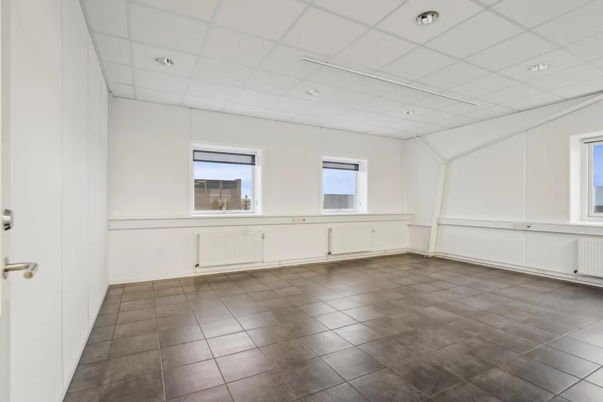 Lejlighed med moderne design, to vinduer, hvide vægge, gulvtæppe og radiatorer, samt en dør med håndtag og to lyspærer på