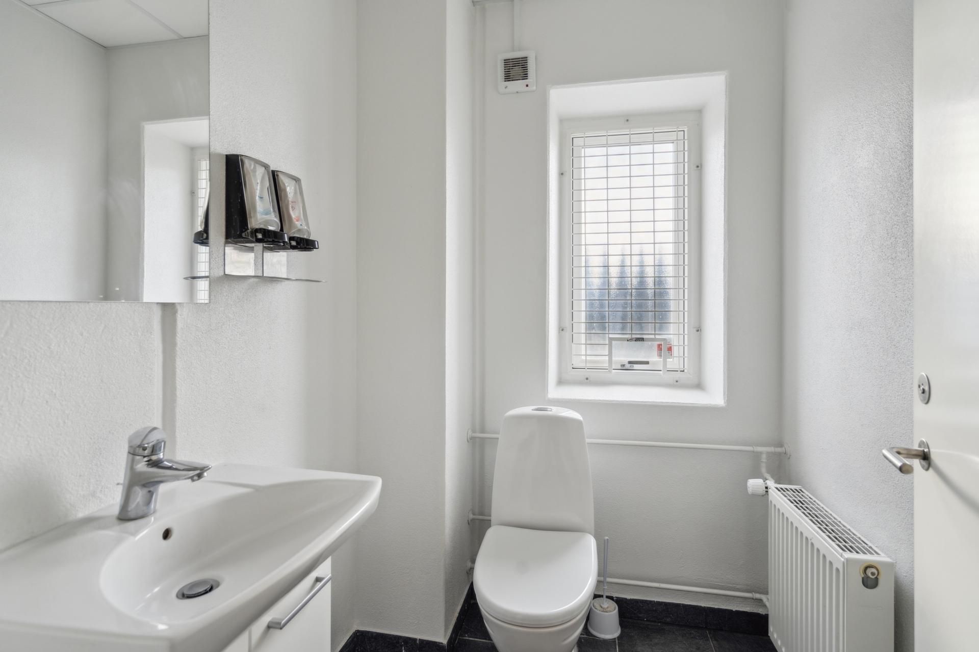 Lejlighed med lyse hvide vægge og gulv, badeværelse med hvidt toilet, hvidt vask og spejl samt radiator og vinduesruder med