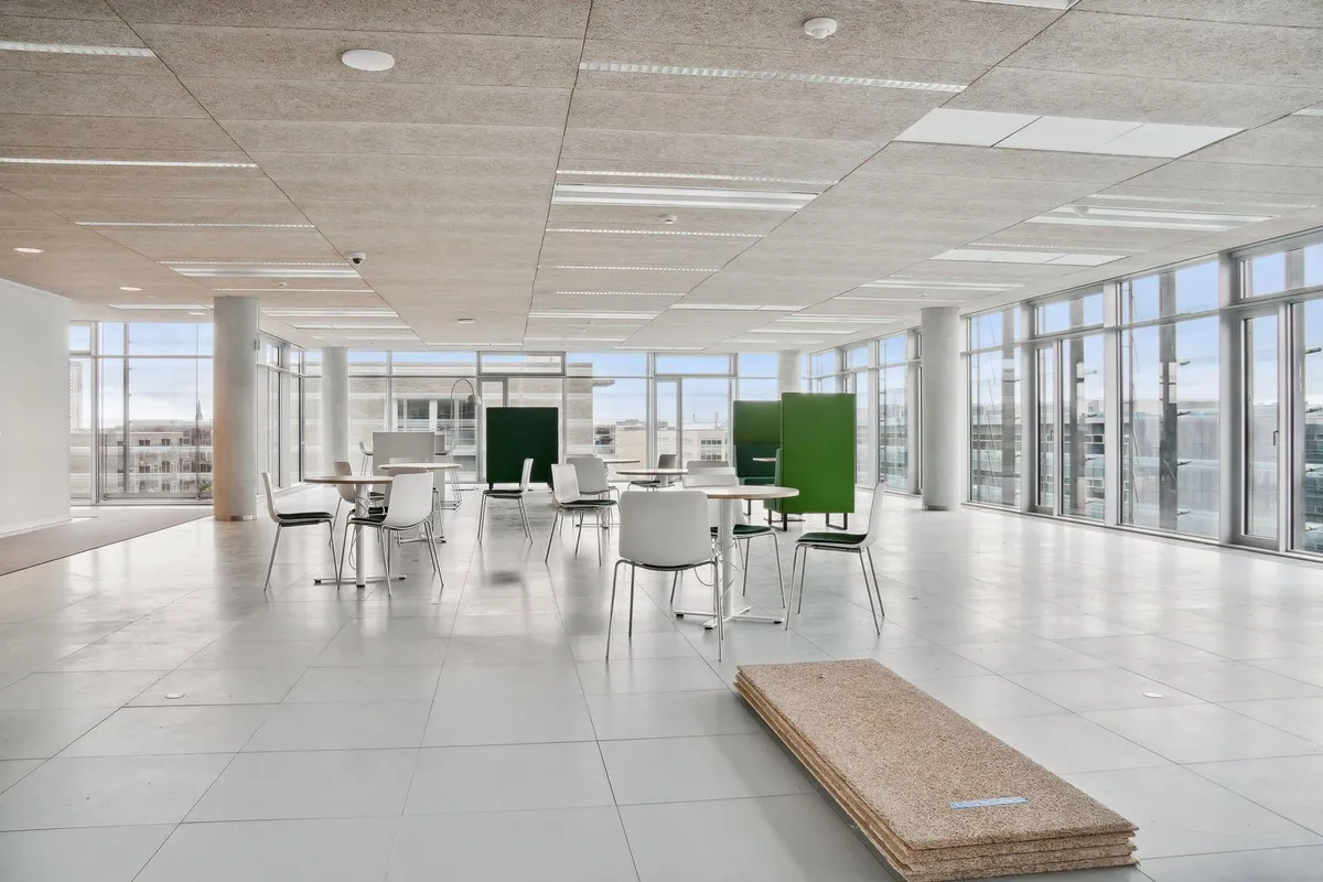 Moderne kontor med hvide vægge, store vinduer og hvide borde og stole, samt grønne delere og beige loftspaneler