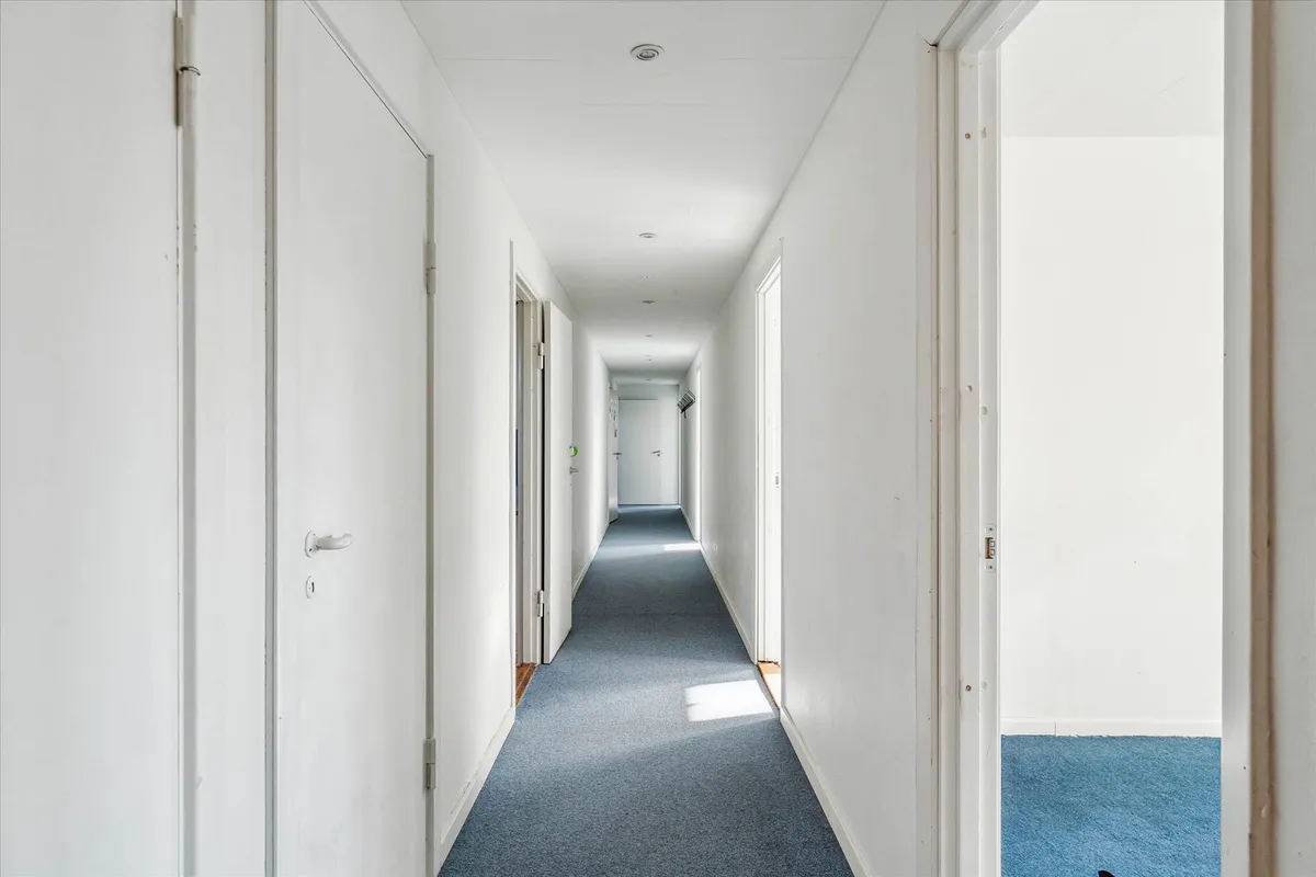 Lang, tæt fordelingskorridor med hvide vægge, blå gulvtæppe og hvide døre i begge ender