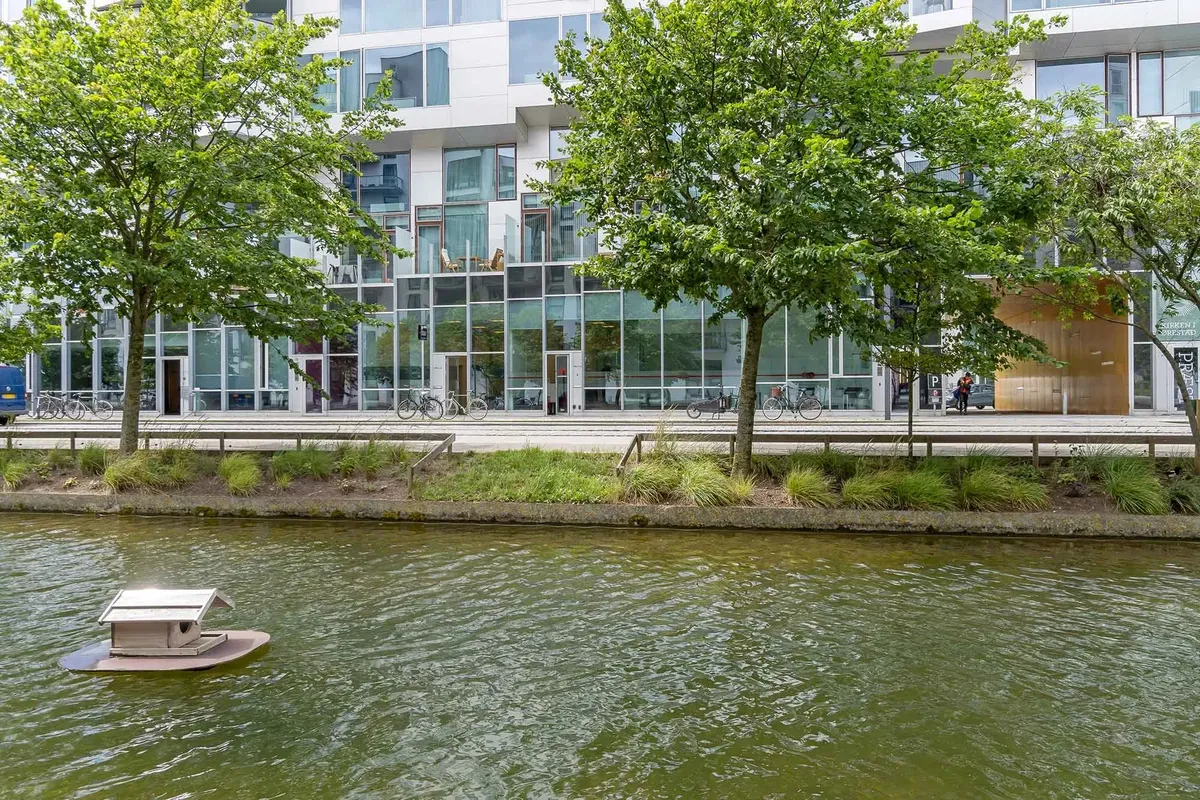 En smuk ejendom med glasvinduer og træer med vandløb i Amsterdam. Et lille træhus er flydende på vandet og en person går