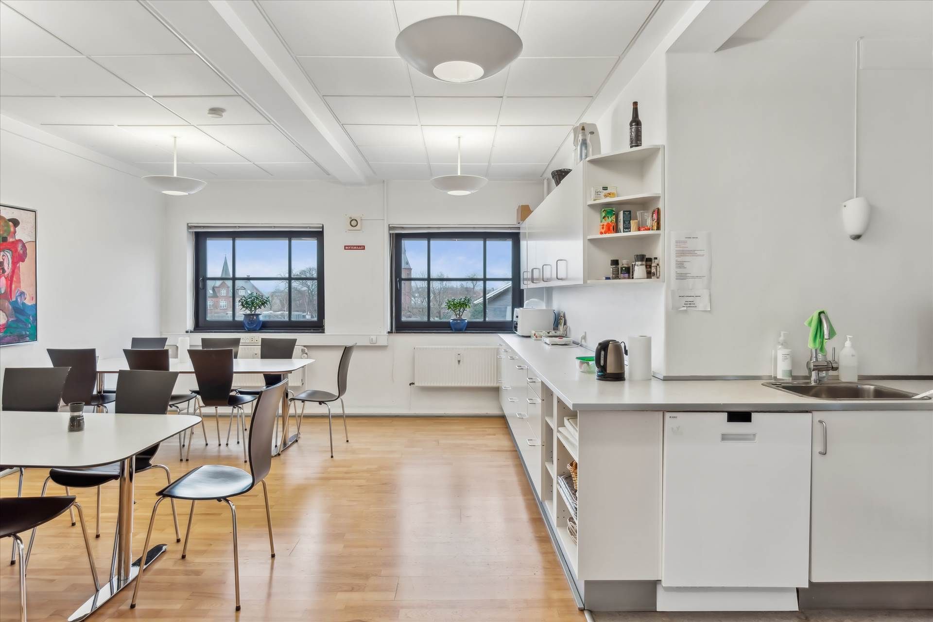 Moderne køkken med hvide vægge, lyse loftslampe, hvidt køkkeninventar, skraldspande og åbent skab med køkkenredskaber og