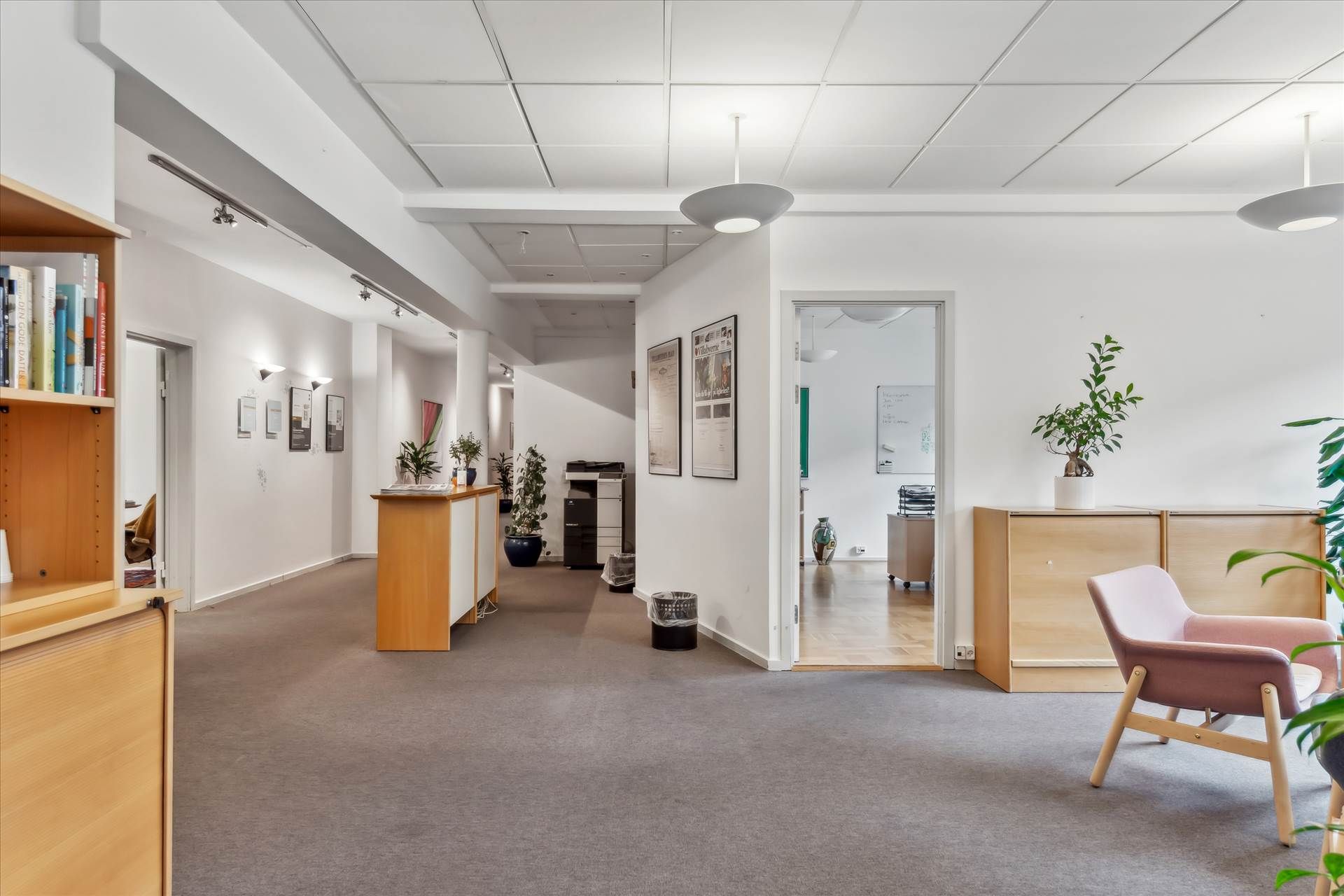 Kontorlokaler med lyse vægge og gulvtæppe samt møbler, der inkluderer et skrivebord, en stol, en sofa, og et skab med plante