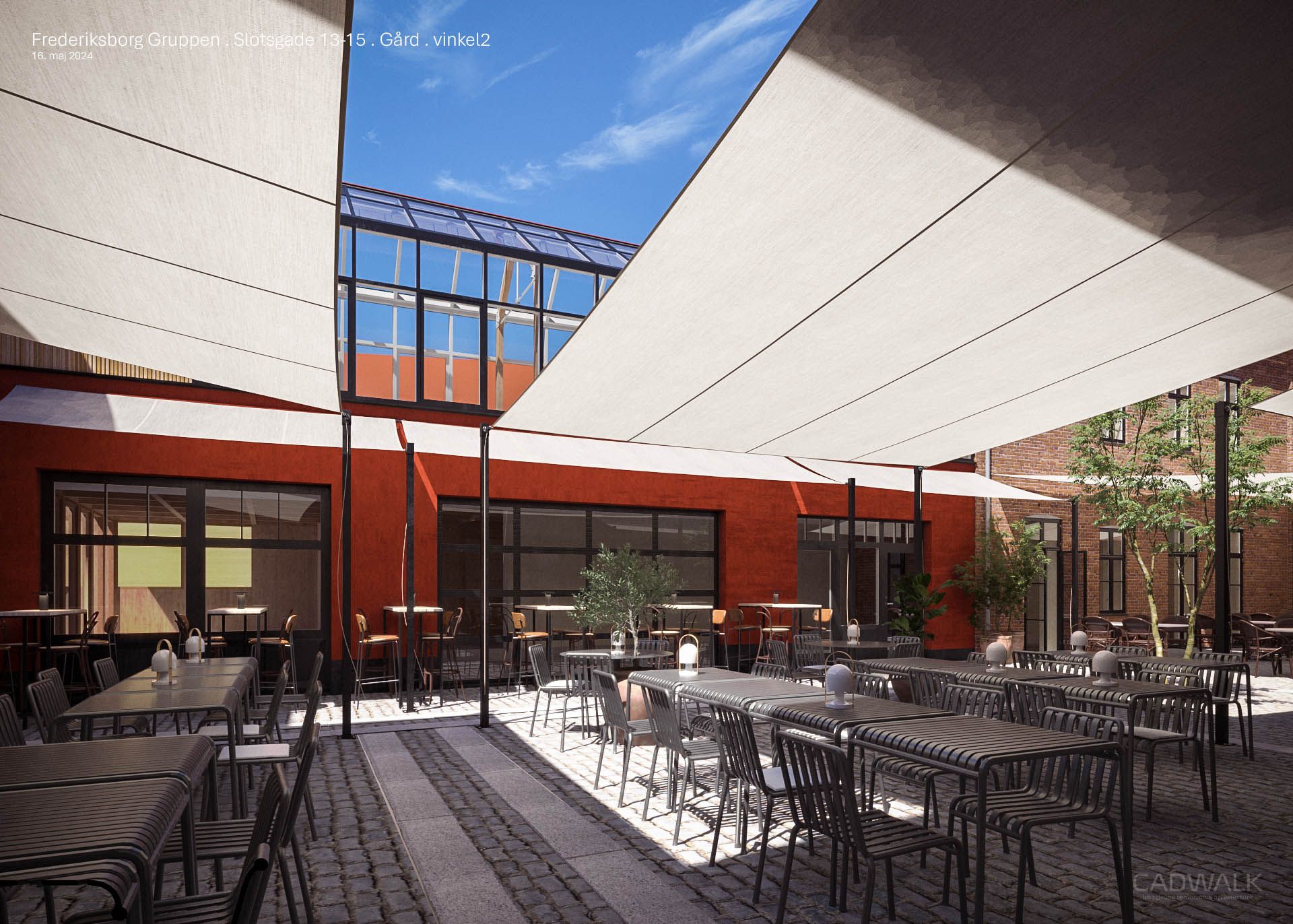 Et lejemål på Slotsgade 15 med store skyggeskind og lyse gulve, træborde og stole, samt udsigt til en have med grønne