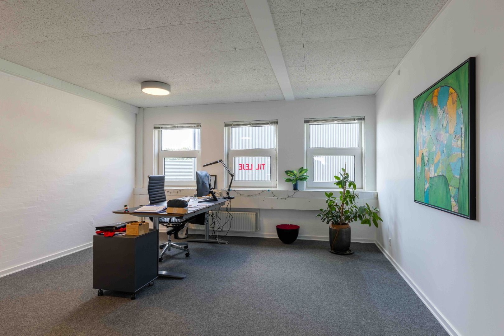 Moderne kontor med skrivebord, computer, lamper og vinduer med udsigter og plantager i baggrunden