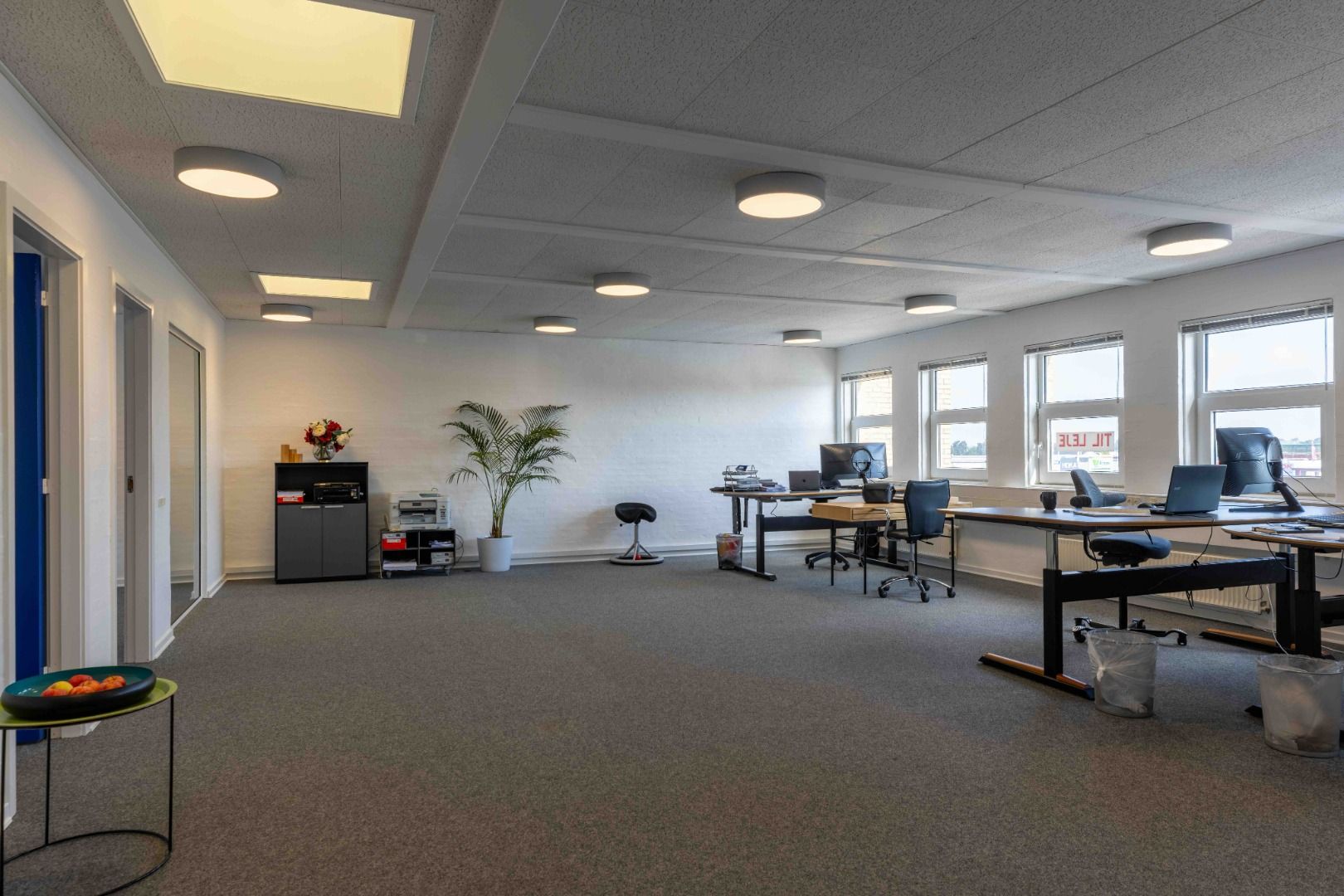 Kontor med skriveborde, computere og planter samt lysekroner og vinduer med udsigt til byens gade