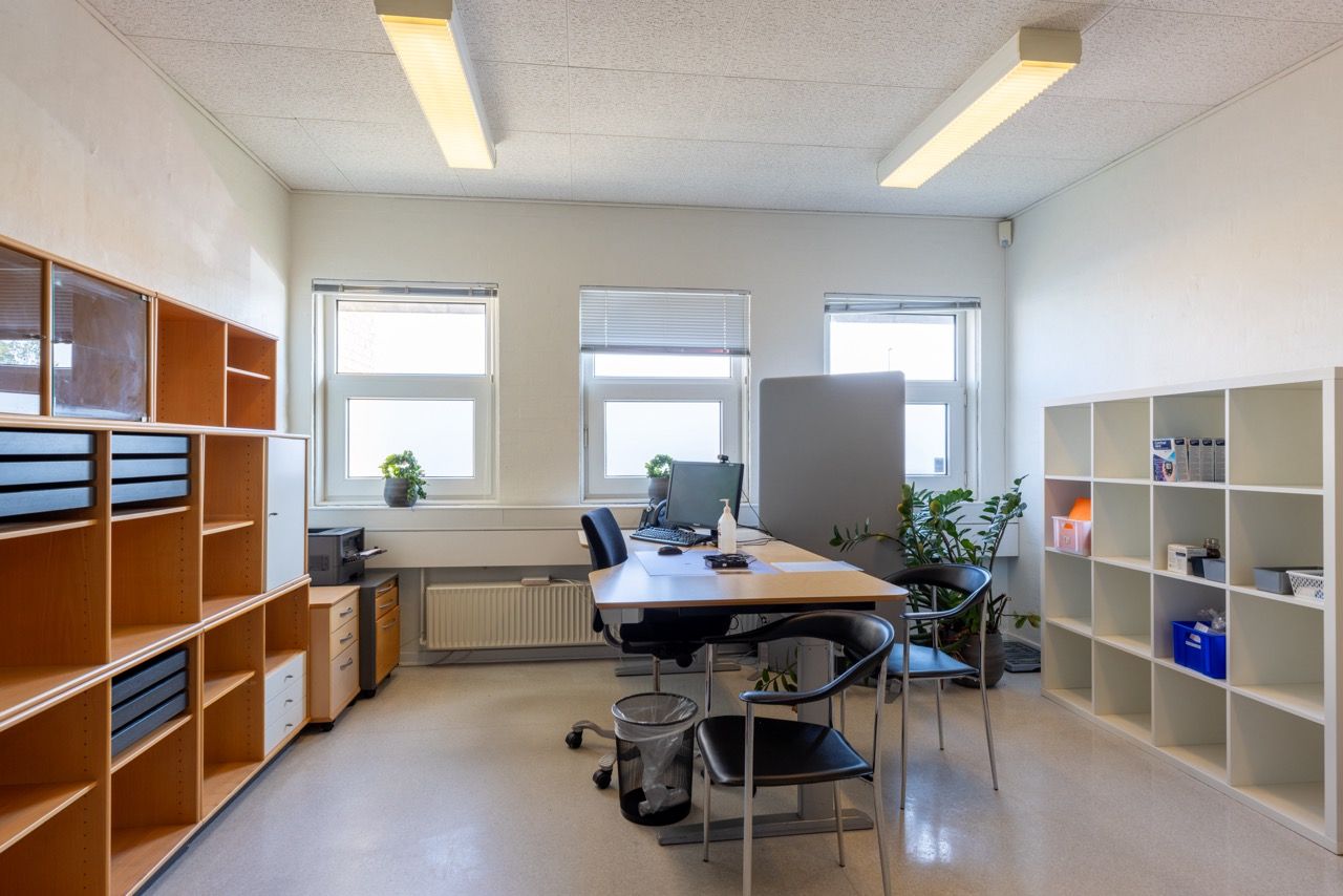 Moderne lyse lokaler med skrivebord, computer, skraldespand og højstole, høj hylde og plante. To vinduer med gardiner og