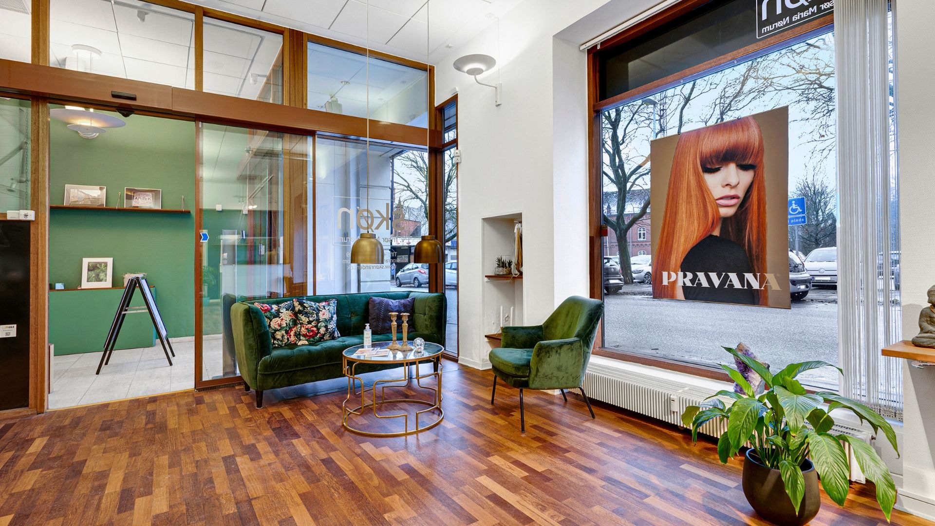 Salon med en sofa, stol, plante og et stort vinduesparti med reklame for PRAVANA i Randers