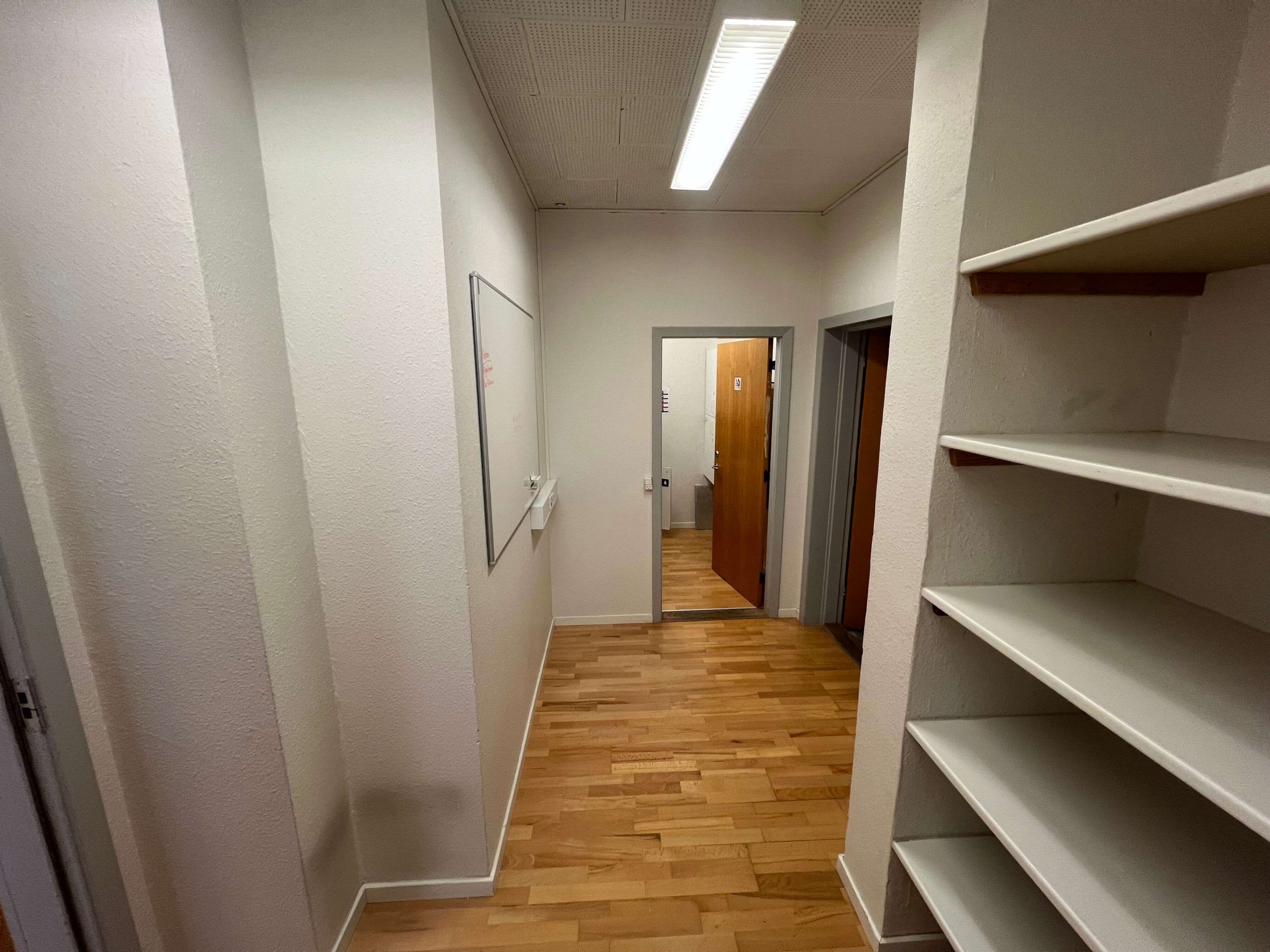 Kort og mørkt korridor med hårdt trægulv og lyse hvide vægge og lofter med hvid lysekrone og hvid væghylde med fem lyse