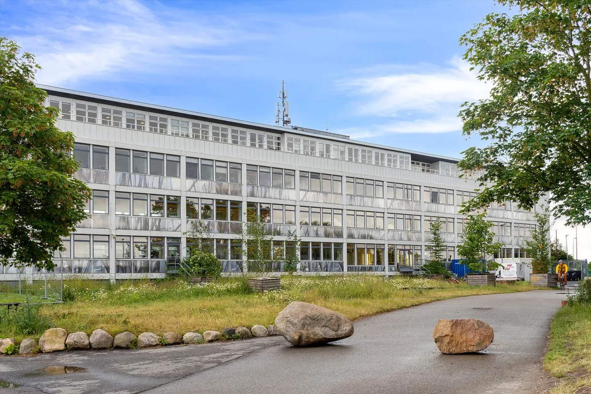 Rummeligt kontorbyggeri med store vinduer og en vej, der fører til bygningen