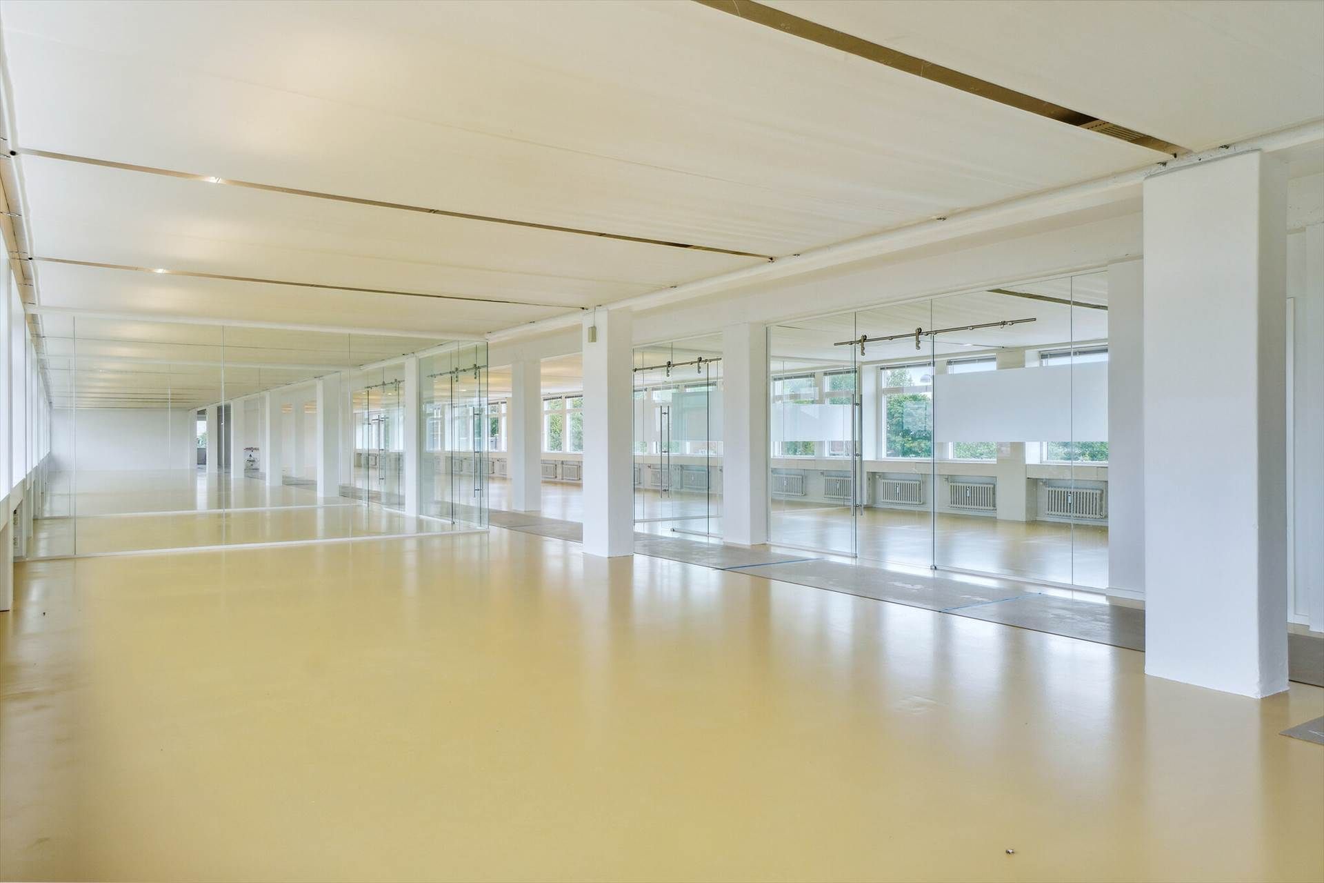 Rummeligt kontor med højloft, lysegul gulvbelægning, glasmure og hvide søjler samt store vinduer med udsigt til grønne træer
