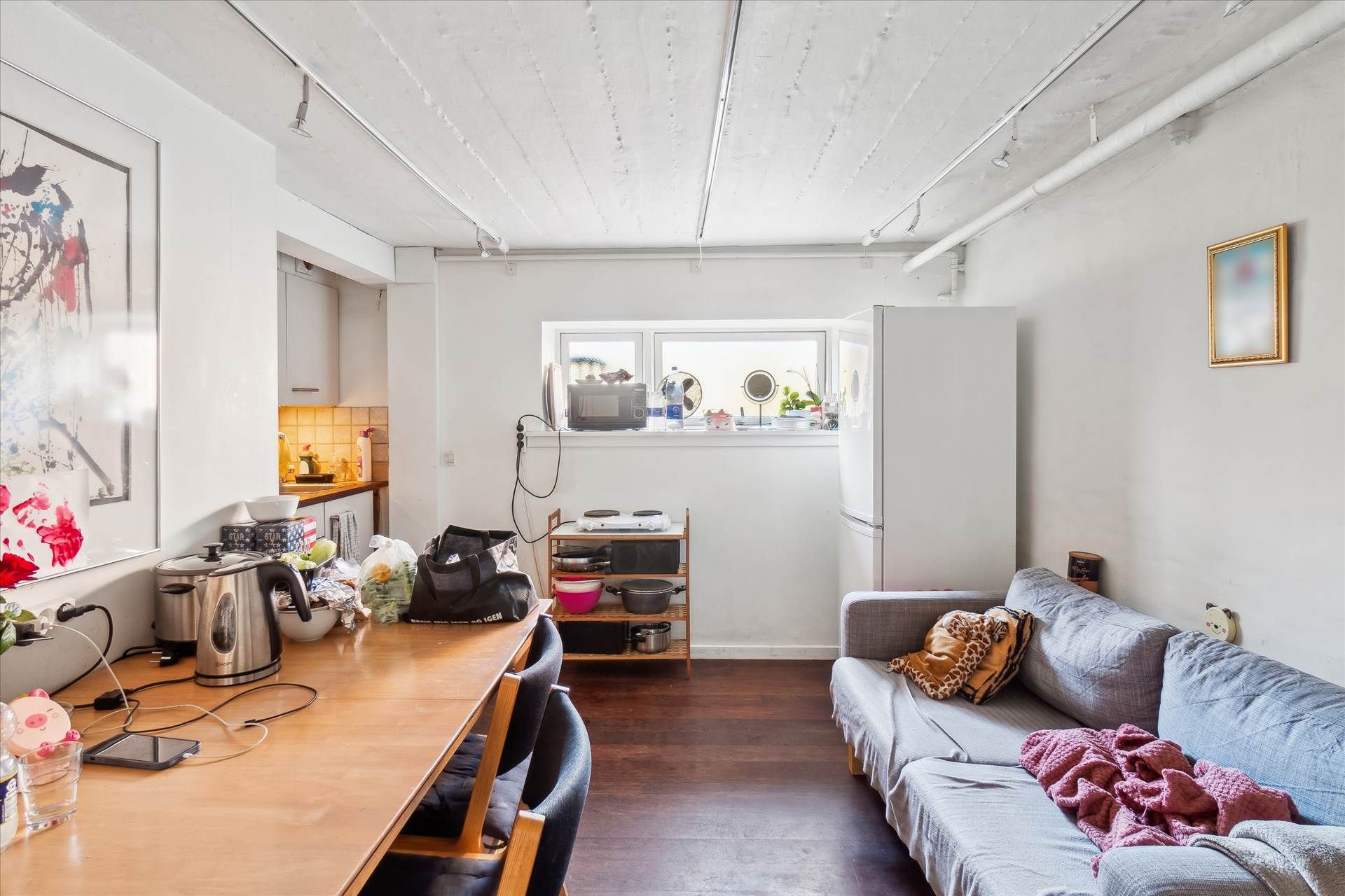 Investeringsejerlejlighed med fuldt udstyret køkken, moderne sofa og møbler, samt køleskab og vægmaleri