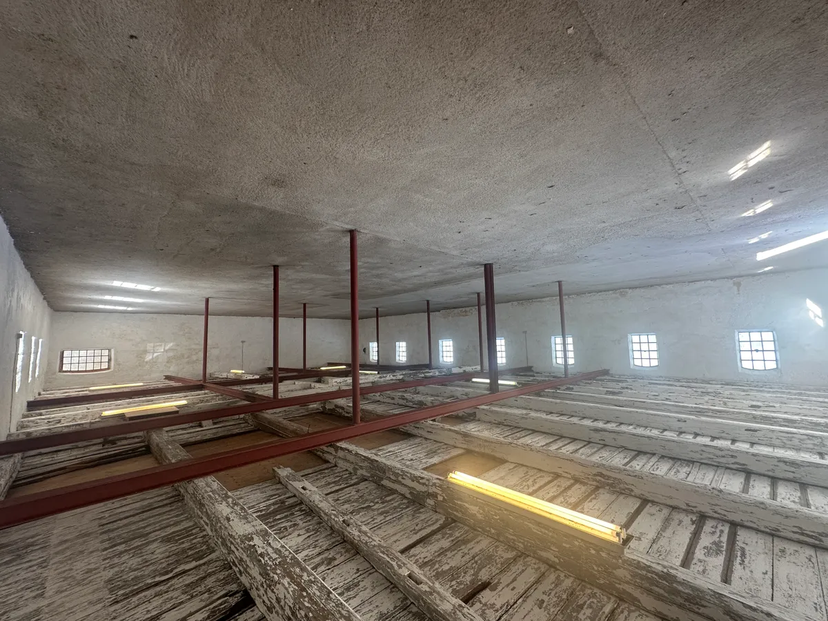 Lagerrum med store vinduer og rå hvide vægge og gulv. Store røde stålbjælker under loftet. Mange brædder står på gulvet.