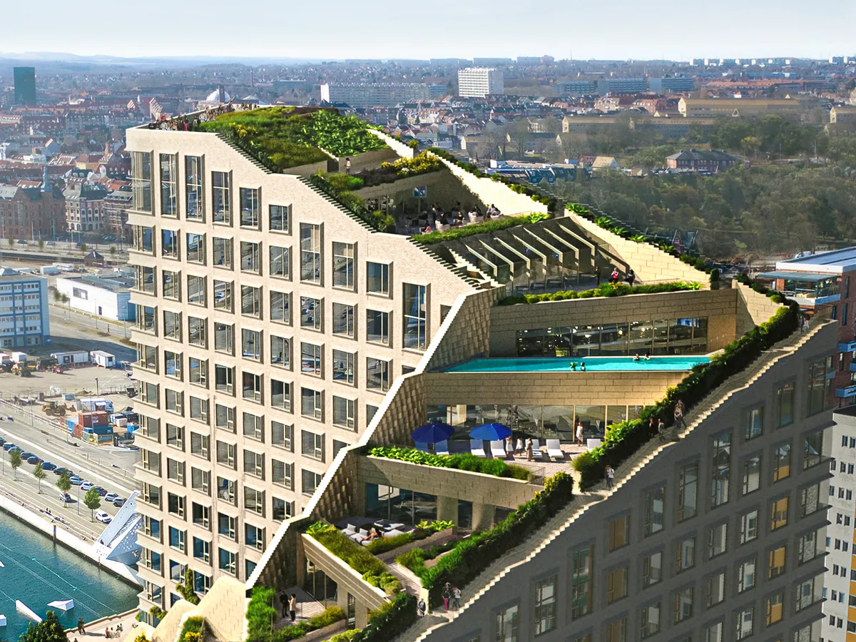 Kontorlejemål i Aarhus Ø med terrasser og grønne arealer designet af BIG arkitekter, der giver udsigt over byen og vandet