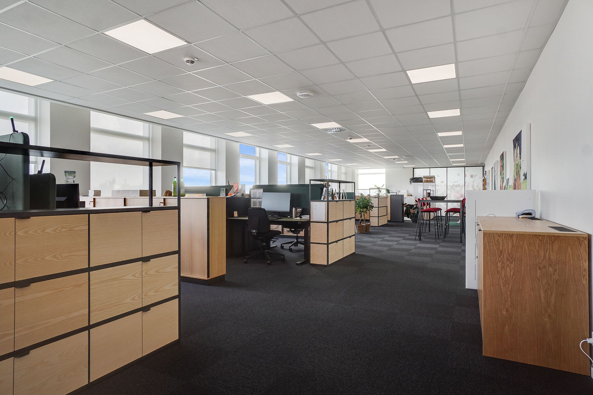 Moderne, minimalistisk kontor med højt loft, lyse paneler, skriveborde og stole samt et glasvæg med udsigt til haven og