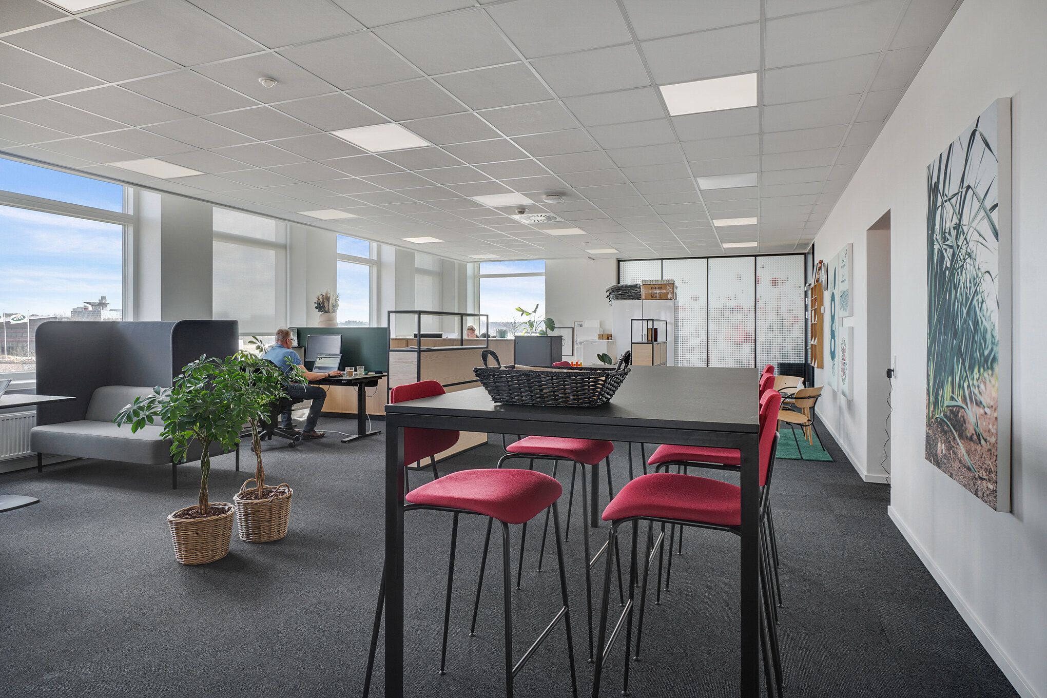 Moderne kontor med bord og stole, hvor en mand sidder og arbejder, store vinduer og lyse loftslampe. Kunstværk på væggen og