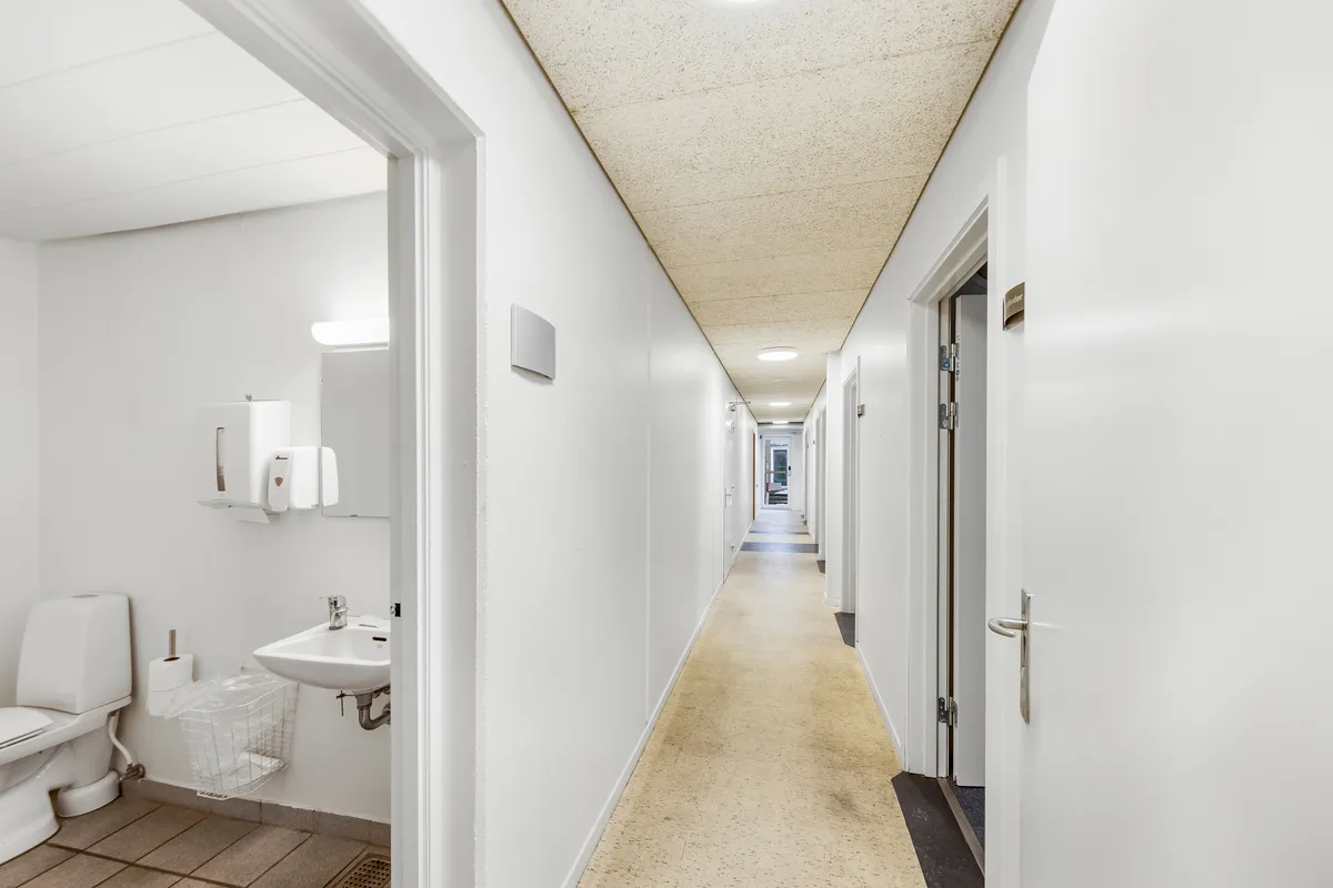 Hvidt og rent toilet med lukket dør og toiletpapir i kurv. Væg og loft er hvide, og der er gulvbelægning i gulbrunt.