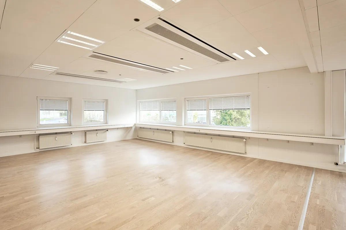 En tom rum med hvidmalede vægge og lyse trægulve samt fire vinduer med lysegardiner, der giver naturligt lys til rummet