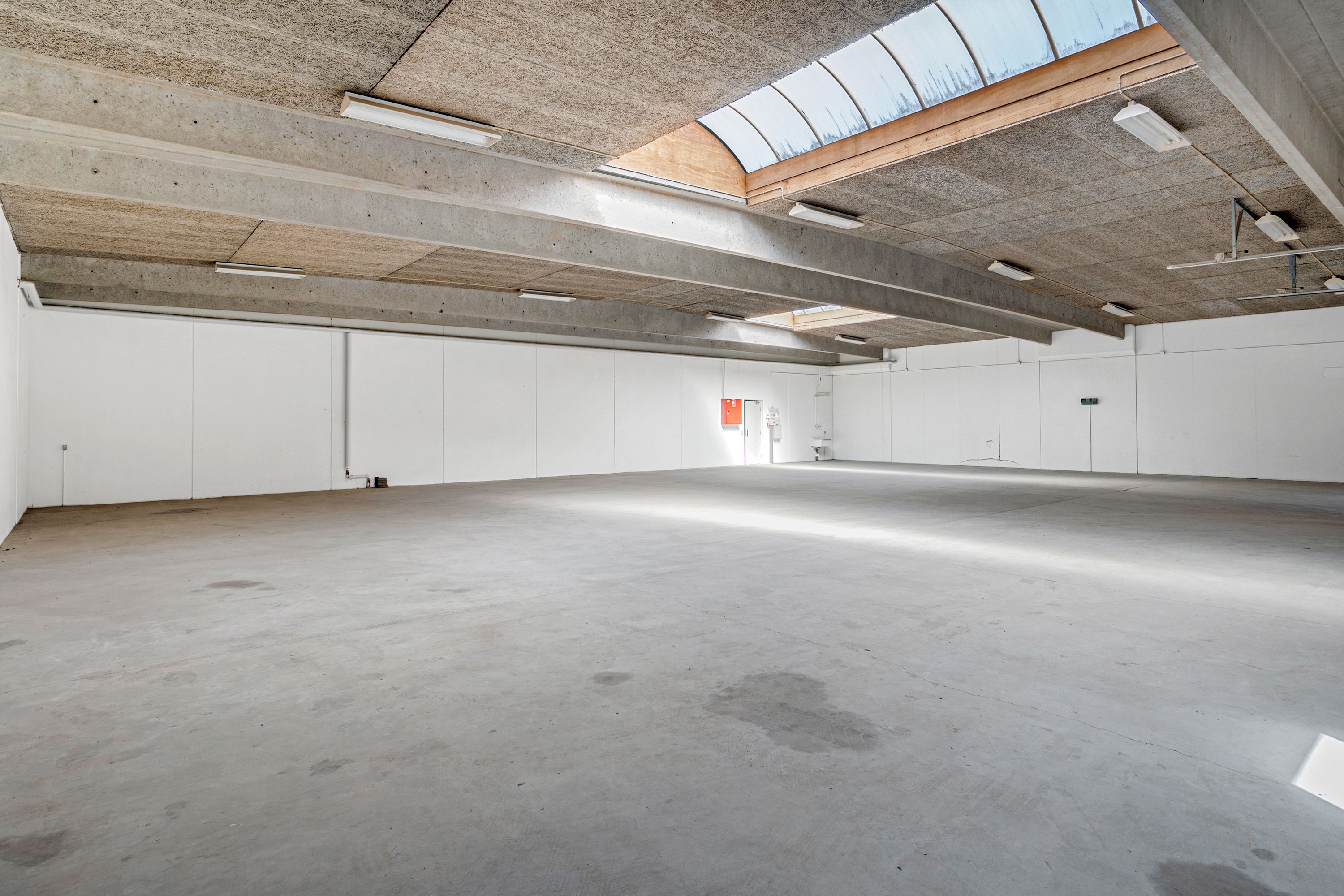 Indenfor et stort, tomt og renmalet rum, med hvide vægge og gulv, er der flere hvide loftslampe og lysskiltene