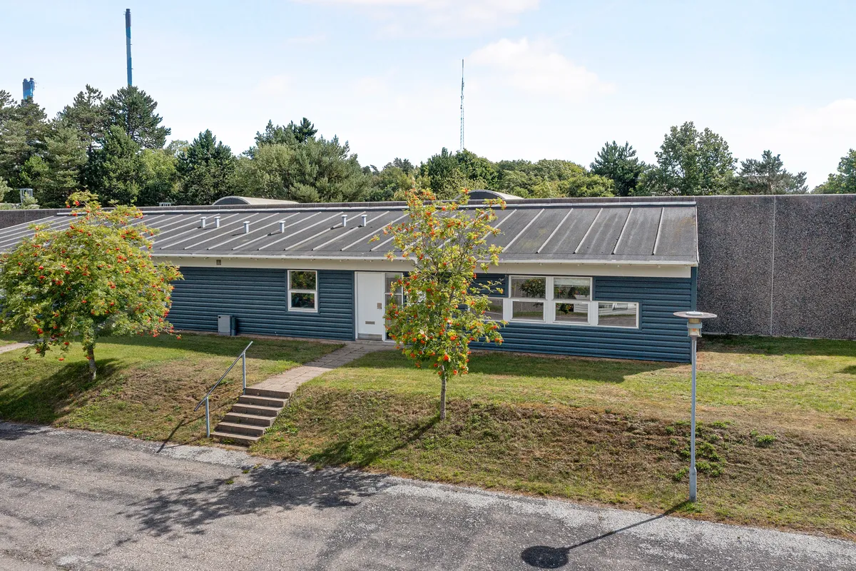 Et bygning med lyseblå facade, grøn tag, røde blomster og et område med græs, to små træer og tre trappetrin til en hvid dør