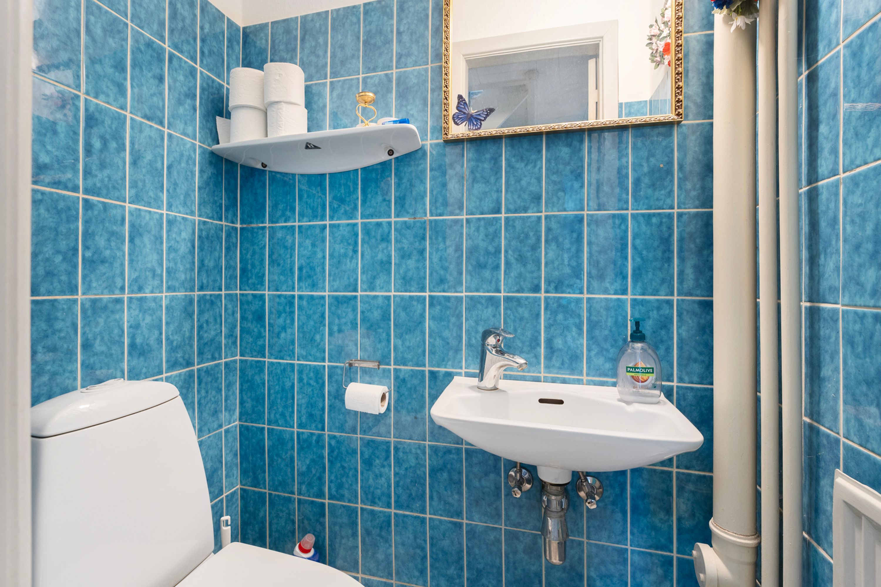 Badeværelse med hvide toilet og vask, hvor der er et håndvaskestativ med håndsæbeflaske, samt to toiletpapirruller placeret