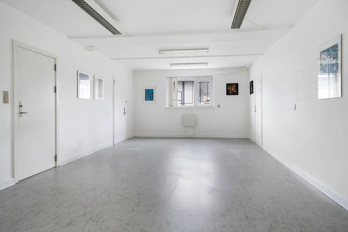 Ledig og lyst kælderlejemål med to indgange, hvide vægge og lysegule gulve. Flere malerier og et vindue med terrasse.