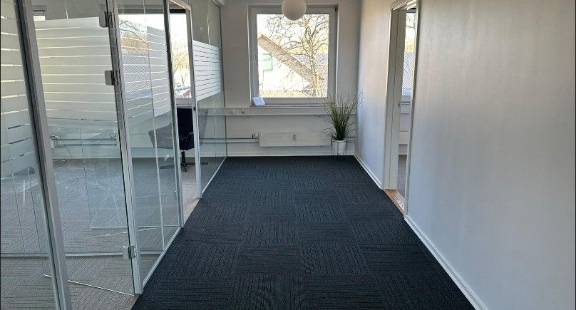 Lyst og charmerende lejemål i central beliggenhed med glasvægge og sort gulvbelægning. En plante i hvid potte står i