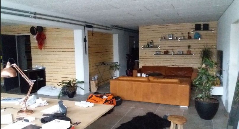 Lyst på at leje et lydstudie med en stor brun sofa, bord, stole og et stort plantepot.