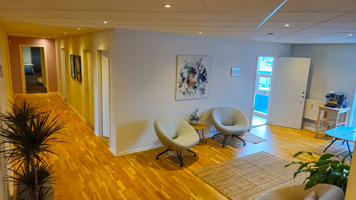 Moderne indretning med to lyse sædestole og en plante ved en hjørnevæg med maleri og sammenhængende døre