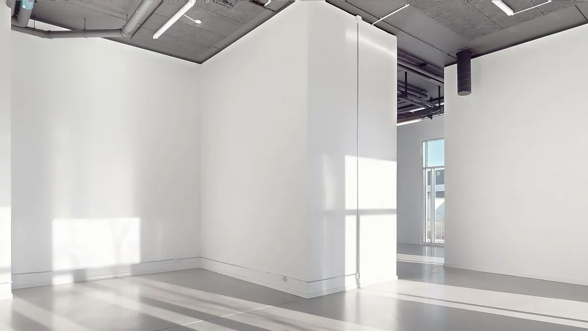 Et stort, lysafskærmet og rent værelse med hvide vægge og gulv samt en udgang til et mindre rum med glasdøre