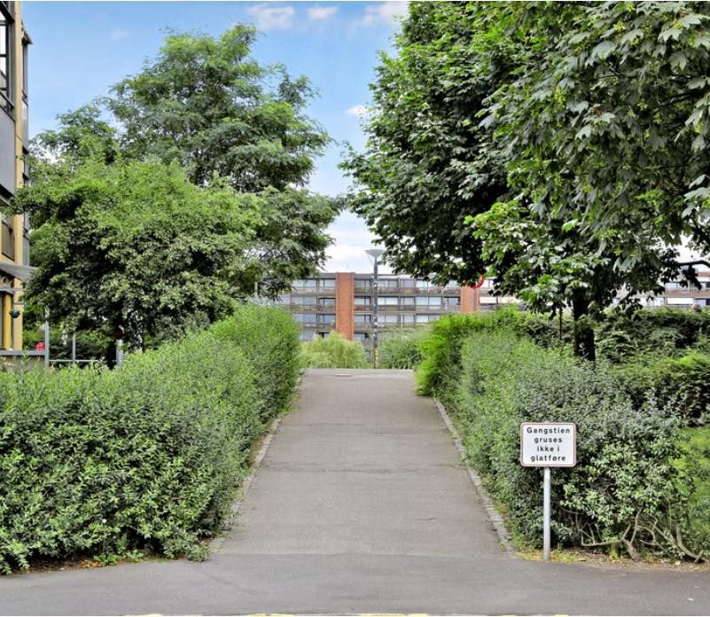 Gangstien forbi buske, hvor der er en schild med tekst, der siger: Gangstien gruses ikke i plattefere. Der er bygninger i