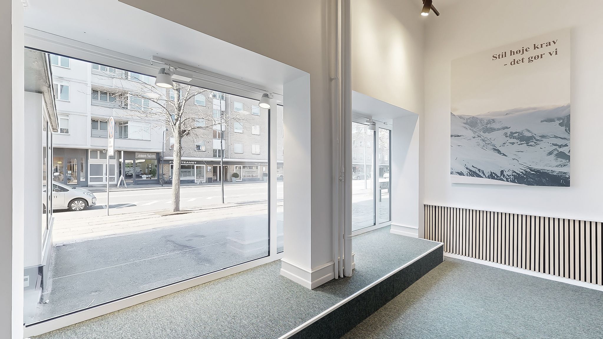 Kontor med glasdøre og vinduer mod gade og bilparkeringsplads, plakat med bjerge og tekst, radiator, gulvbelægning og