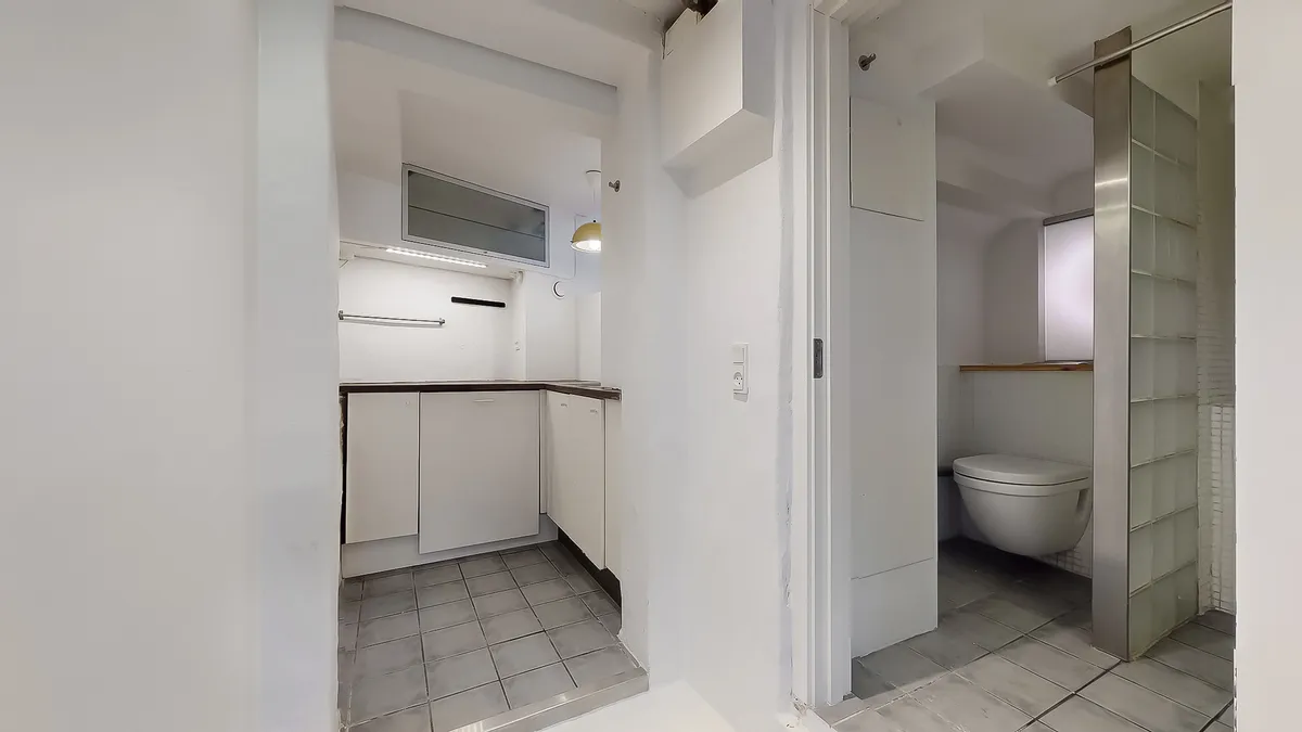 Et lille badeværelse med hvide vægge og gulv samt en toilet i hvidt og en høj sofistikeret regnbruser med glasvægge.