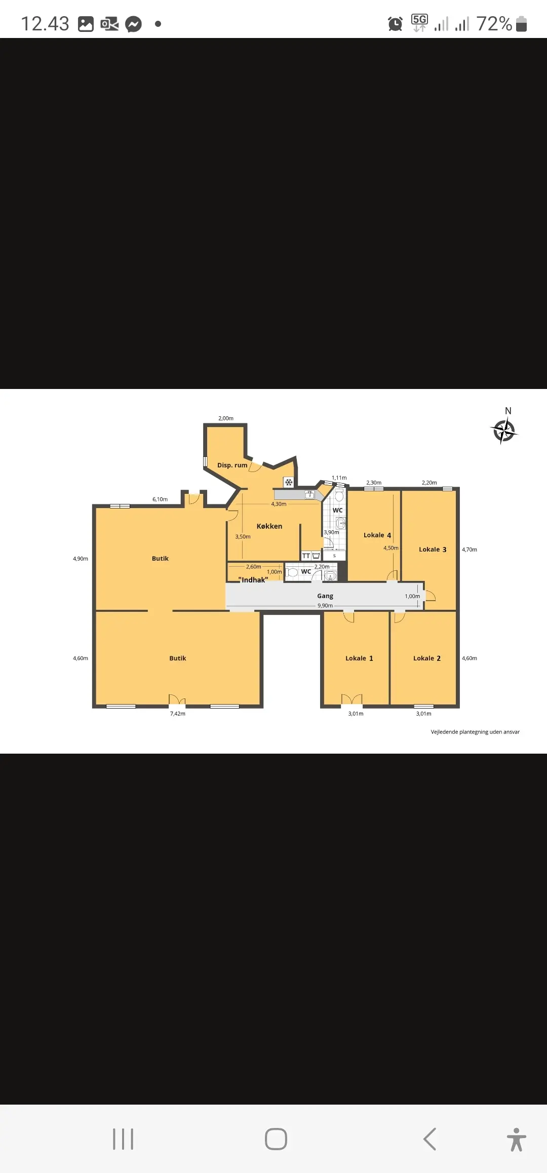 Plantegrundplan for lokale med opdelinger og måledata, inklusiv funktionsområder og afstande mellem elementer